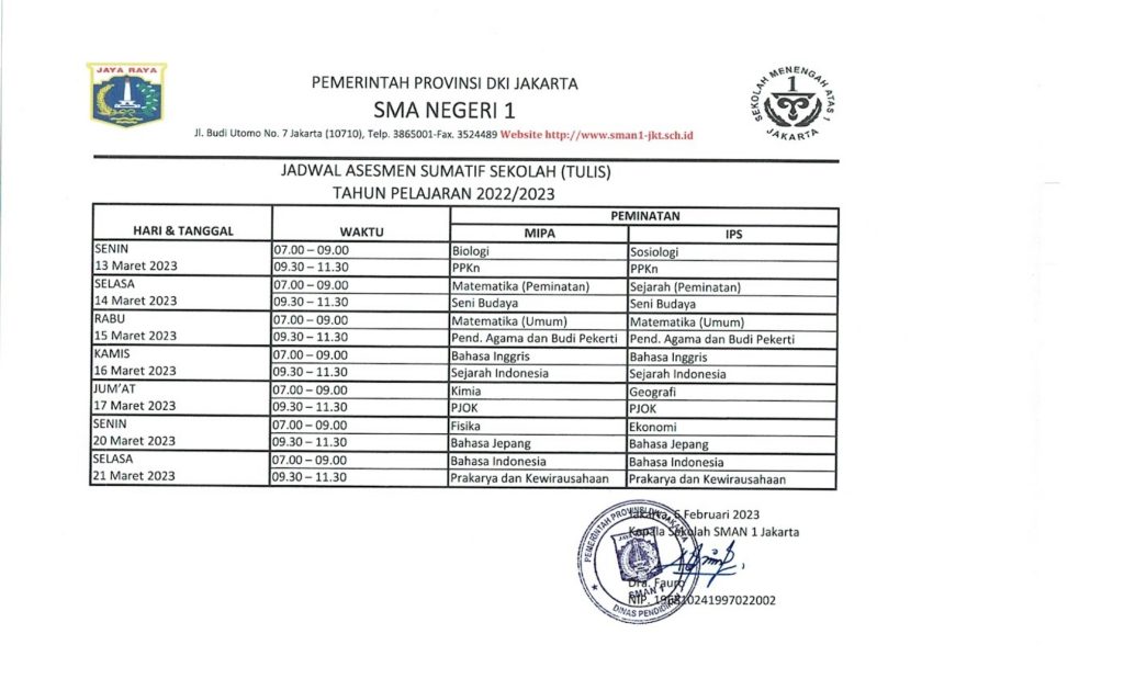 JADWAL ASESSMENT SUMATIF DAN PRAKTIK SEKOLAH 2023 – SMA Negeri 1 Jakarta